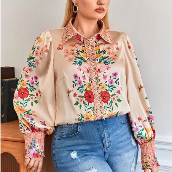 Boho Floral Print Lace Trim Smocked Shirred Cuffed Button Down Shirt Top Blouse - Picture 3 of 7